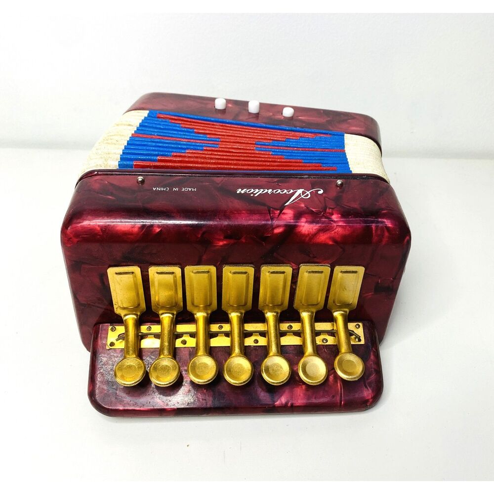 Vintage Red Copper Child Size Accordion Made in China Musical Toy Display Piece